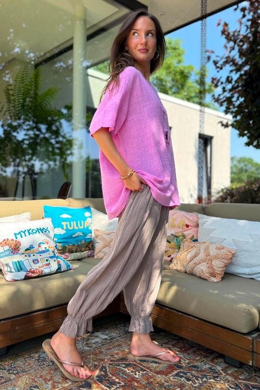 Izi Cheesecloth Button Tee Candy